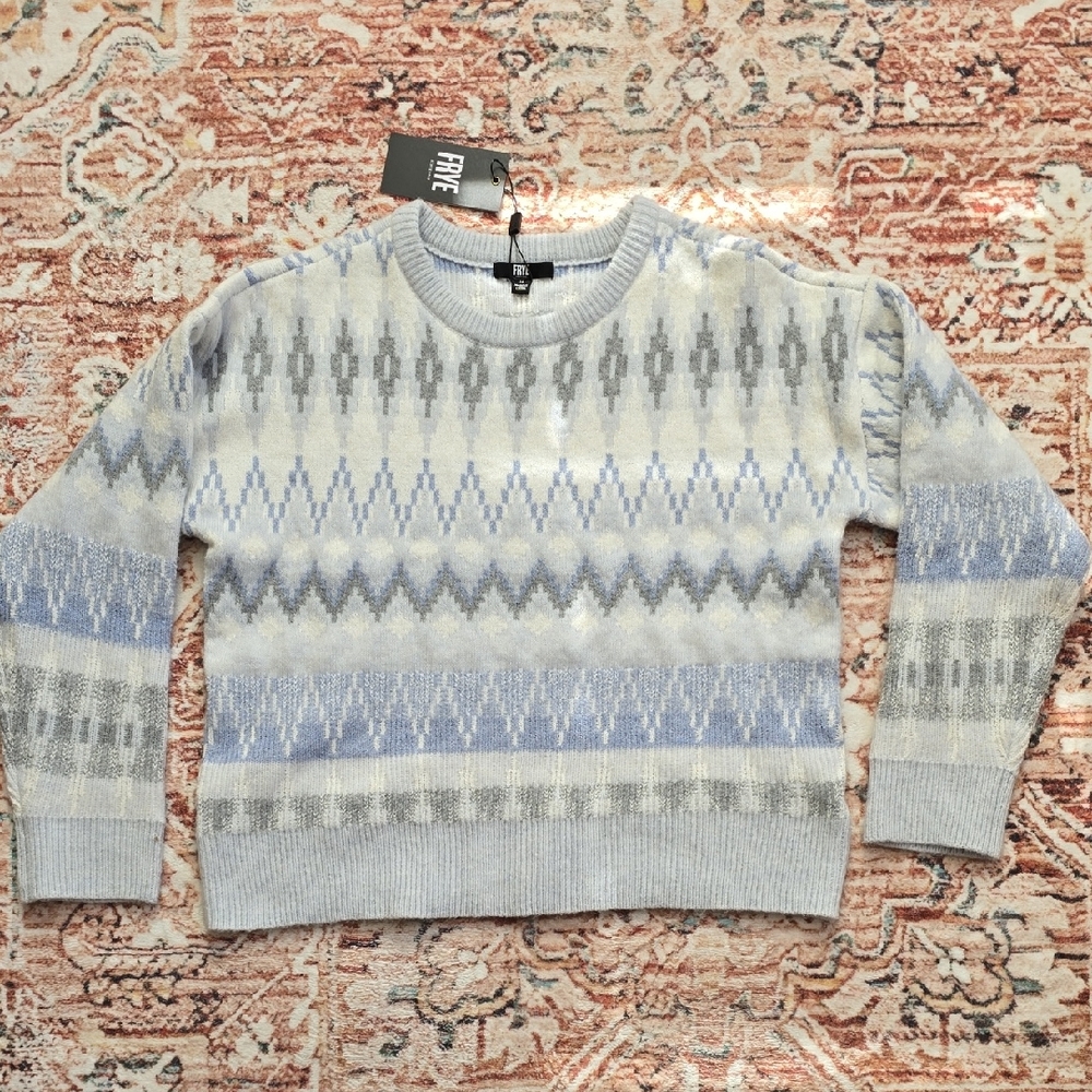 NWT Frye Blue and Gray Fairisle Crewneck Sweater Size Med